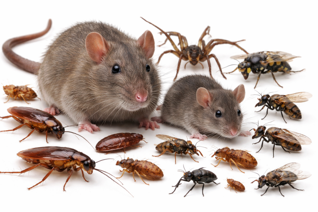 szkodniki domowe – pluskwy, karaluchy, muchy i gryzonie na białym tle